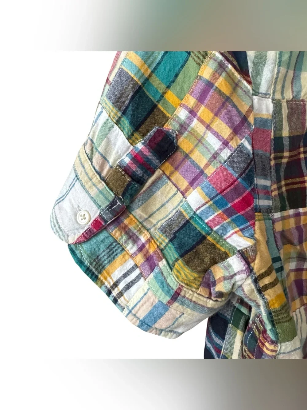 J Crew Patchwork Madras Plaid Button Front Shirt Short Sleeve Size Large